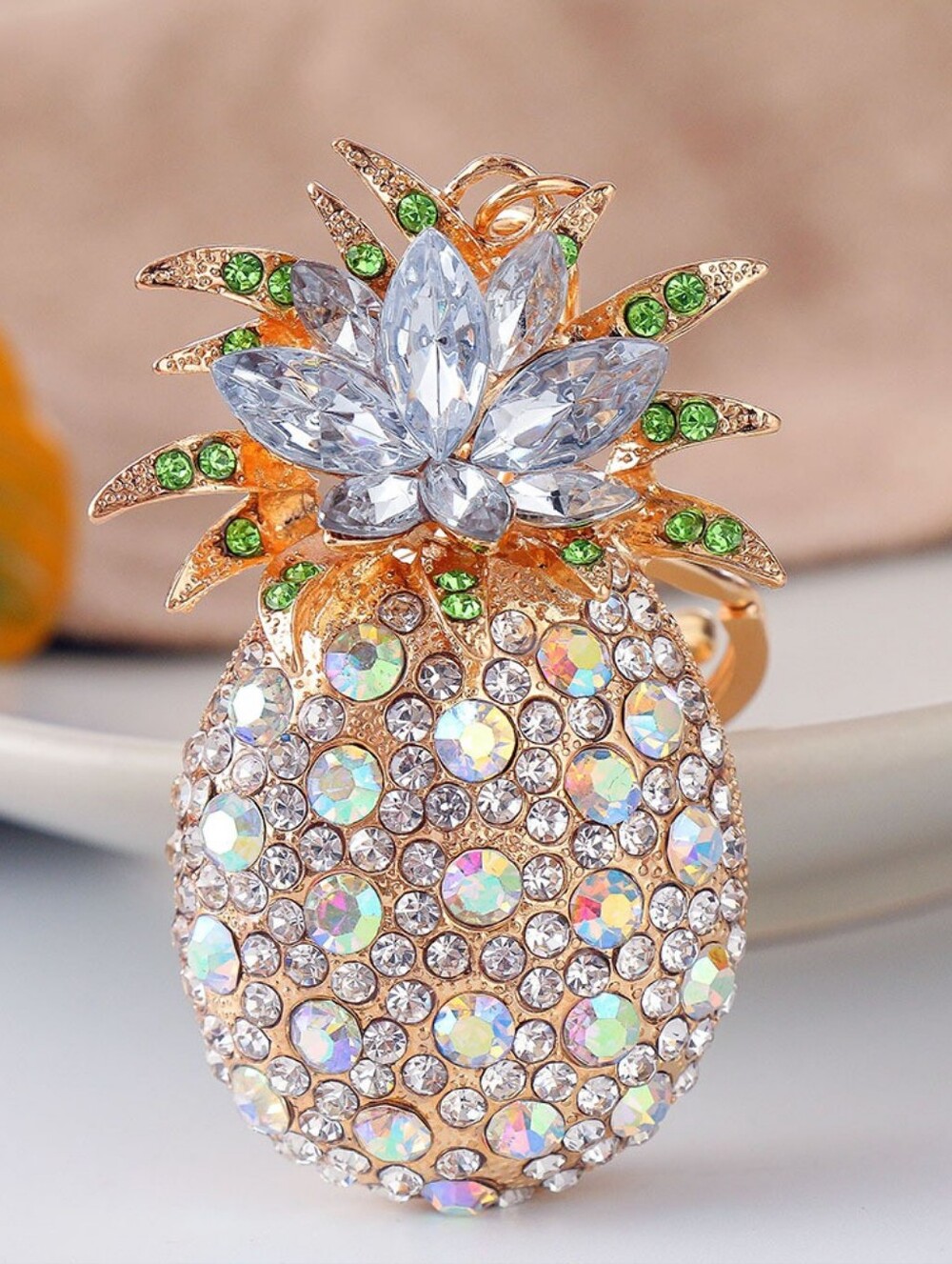 Gold Crystal Pineapple Rhinestone Bag Charm Keychain w/Lt Blue & Green Accents